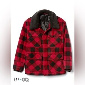 GAP x AMI x GQ Paris Wool Parka Coat Mens Red Black Buffalo Check Plaid Sz L